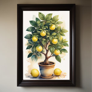 Watercolor Painting of Lemon Tree in Pot Poster