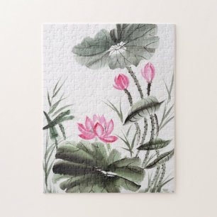 Watercolor Painting Of Lotus Flower Jigsaw Puzzle