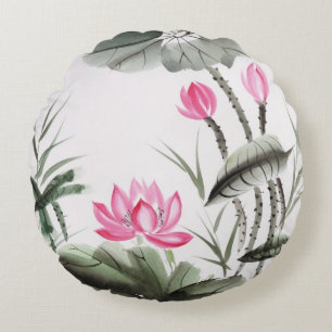 Watercolor Painting Of Lotus Flower Round Cushion