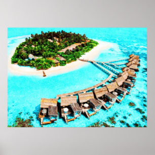 Watercolor Painting of Maldives Honeymoon Resort Poster