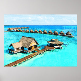 Watercolor Painting of Maldives Resort Poster
