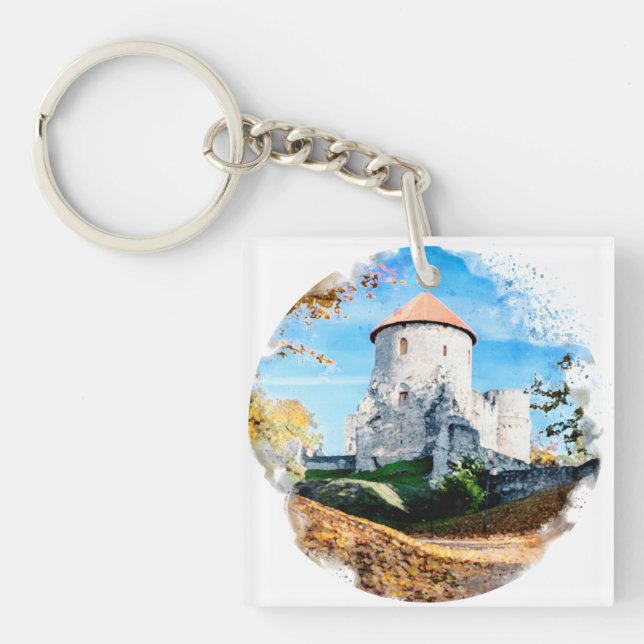 Watercolor painting of medieval castle in autumn key ring (Front)