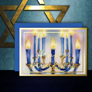 Watercolor Painting of Menorah Blue White Candles Foil Holiday Card