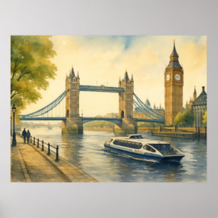 Watercolor Painting of Modern London Thames Poster