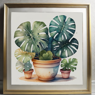 Watercolor Painting of Monstera in Pot Poster