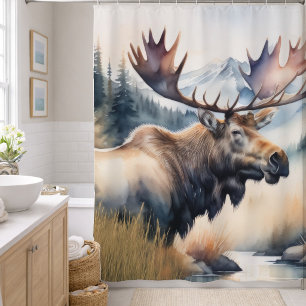 Watercolor Painting of Moose Nature Shower Curtain