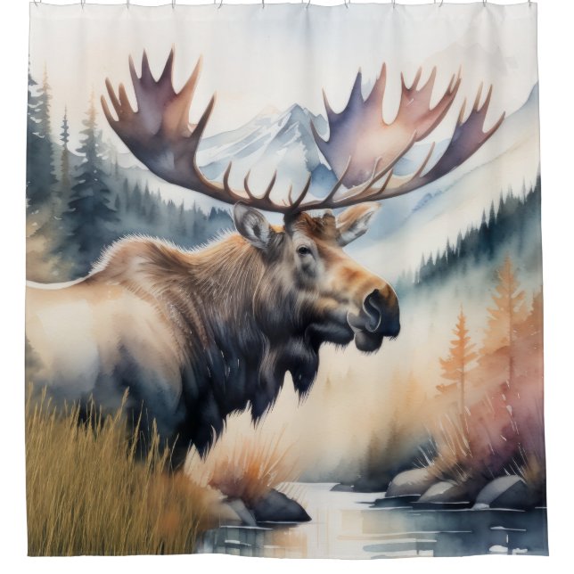 Watercolor Painting of Moose Nature Shower Curtain (Front)