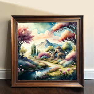 Watercolor Painting of Mountain Landscape Poster