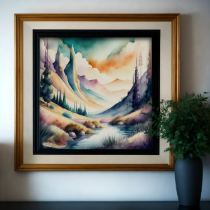 Watercolor Painting of Mountain Landscape Poster