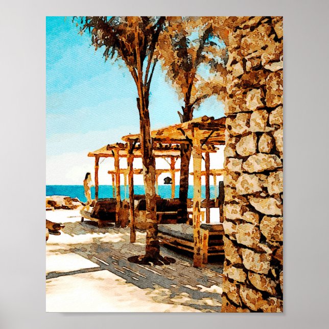 Watercolor Painting of Mykonos Beach Poster (Front)