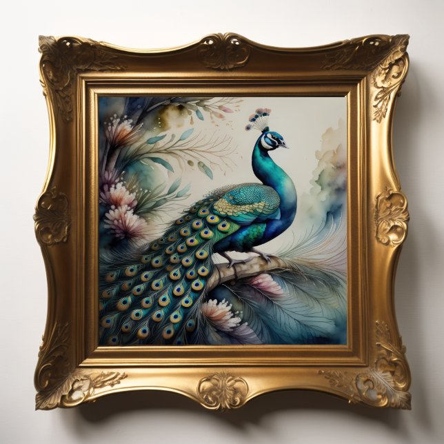 Watercolor Painting of Peacock 1:1 Poster (Creator Uploaded)