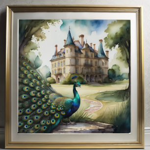 Watercolor Painting of Peacock and Chateau 1:1 Poster
