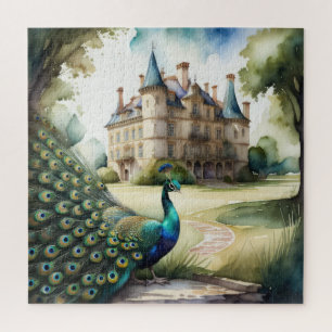 Watercolor Painting of Peacock and Chateau Jigsaw Puzzle