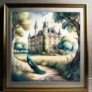 Watercolor Painting of Peacock and Chateau Poster