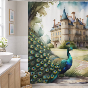 Watercolor Painting of Peacock and Chateau Shower Curtain
