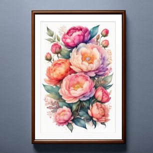Watercolor Painting of Pink Peonies Poster