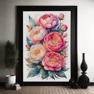 Watercolor Painting of Pink Peonies Poster