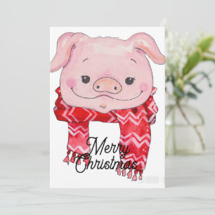 Watercolor painting of pink pig with red scarf invitation