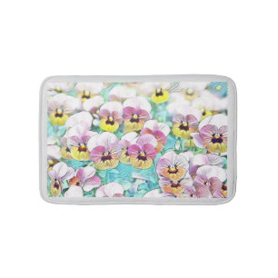Watercolor painting of pink yellow white pansies bath mat