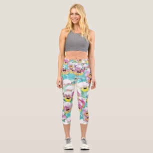 Watercolor painting of pink yellow white pansies  capri leggings