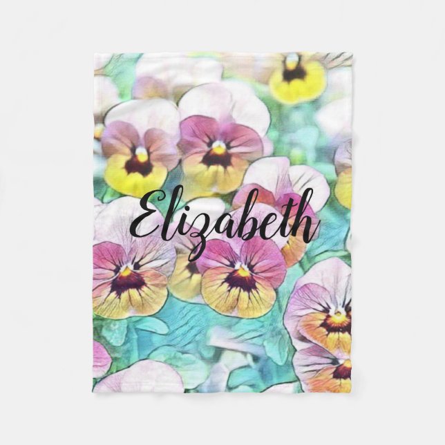 Watercolor painting of pink yellow white pansies  fleece blanket (Front)