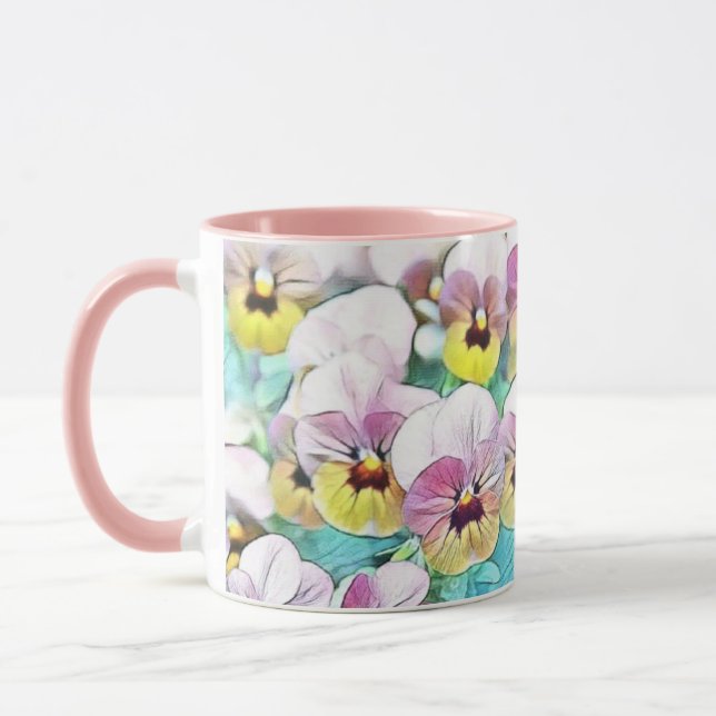 Watercolor painting of pink, yellow, white pansies mug (Left)