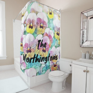 Watercolor painting of pink yellow white pansies shower curtain