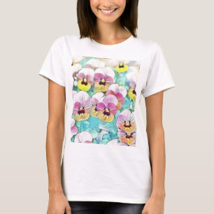 Watercolor painting of pink yellow white pansies T-Shirt