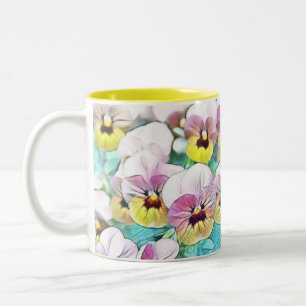 Watercolor painting of pink, yellow, white pansies Two-Tone coffee mug