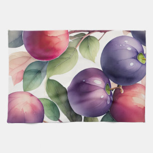 Watercolor Painting of Plums Tea Towel
