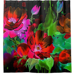 Watercolor Painting of Red Flowers on Black Shower Curtain