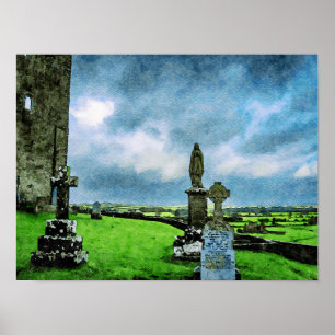 Watercolor painting of Rock of Cashel cemetery Poster