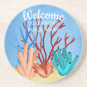 Watercolor painting of sea corals coaster