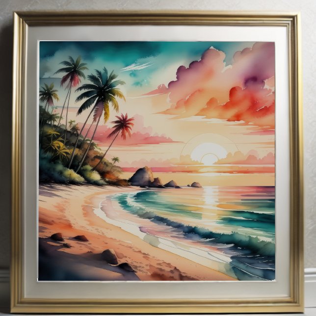 Watercolor Painting of Tropical Beach Sunset Poster (Creator Uploaded)