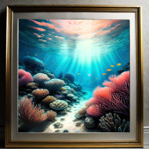 Watercolor Painting of Tropical Underwater Reef Poster