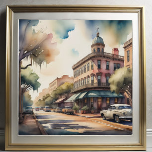 Watercolor Painting of Vintage Savannah Georgia Poster