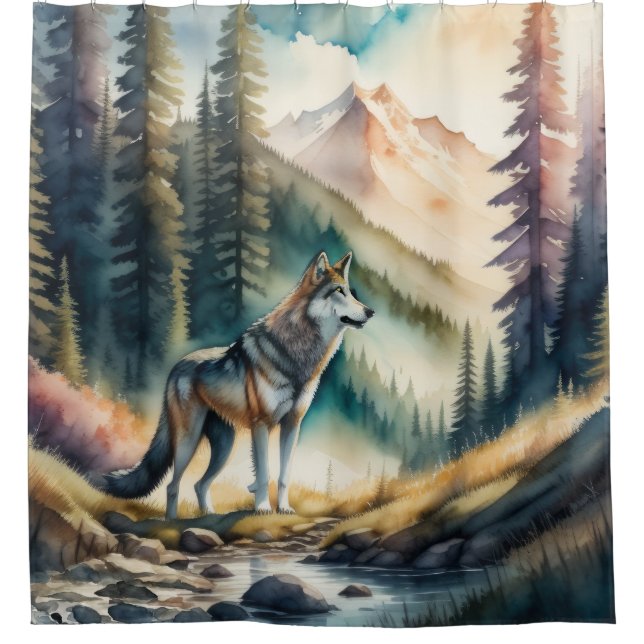 Watercolor Painting of Wolf in Forest Shower Curtain (Front)
