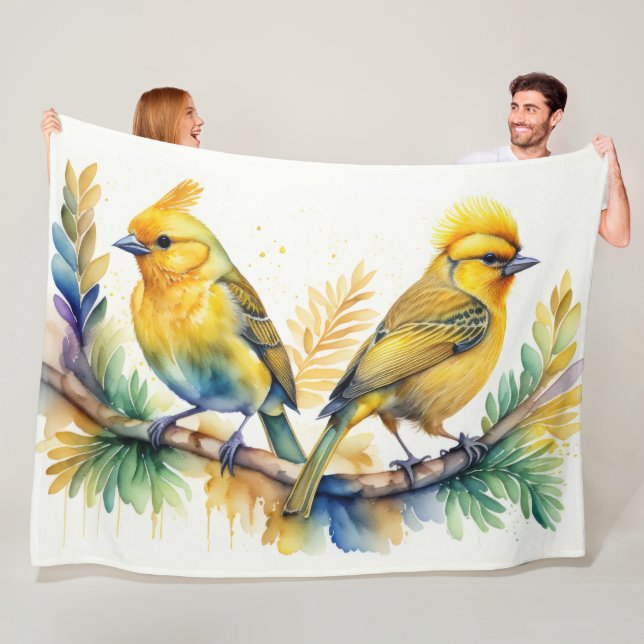 Watercolor Painting of Yellow Bird Fleece Blanket (In Situ)
