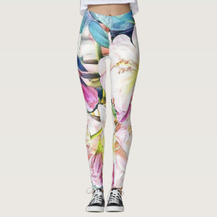 Watercolor painting pink white azalea flower leggings