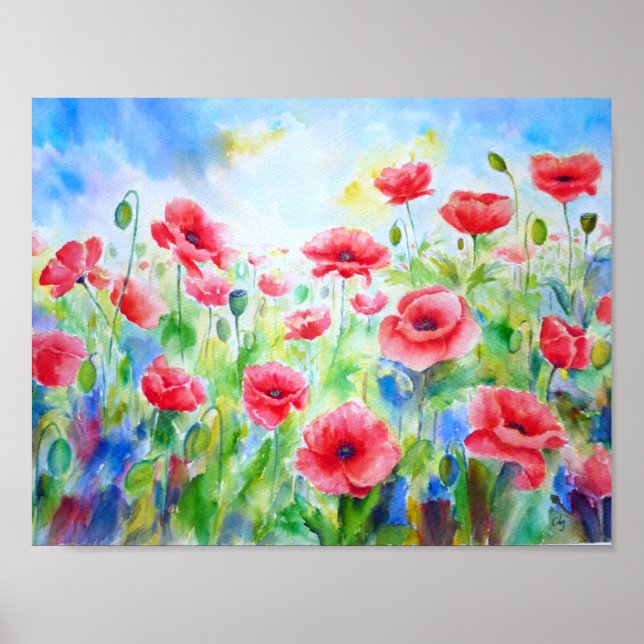 Watercolor Painting Red Poppy Field Poster (Front)