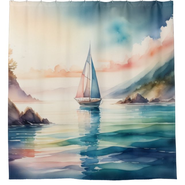 Watercolor Painting Sailboat on the Water Shower Curtain (Front)