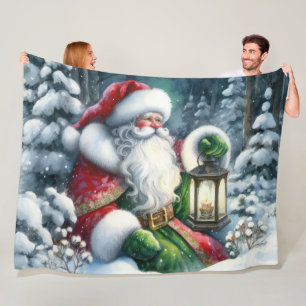Watercolor Painting Santa Claus in Snowy Forest Fleece Blanket