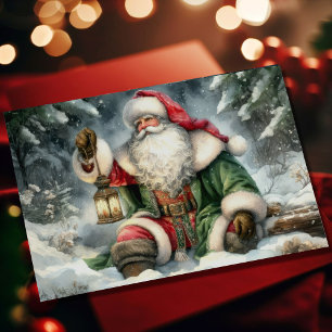 Watercolor Painting Santa Claus in Snowy Forest Holiday Card