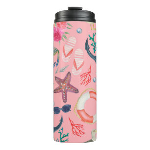 Watercolor painting seamless pattern with anchor, thermal tumbler
