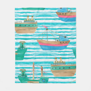 Watercolor painting seamless pattern with boats on fleece blanket