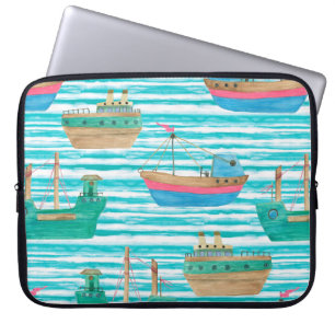 Watercolor painting seamless pattern with boats on laptop sleeve