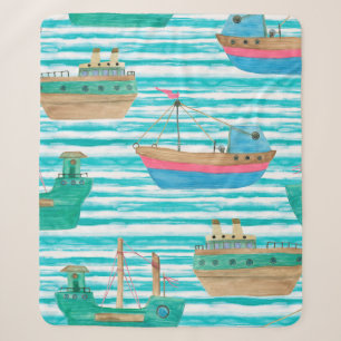 Watercolor painting seamless pattern with boats on sherpa blanket