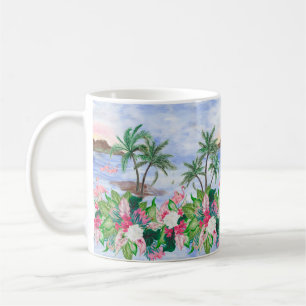 Watercolor painting seamless pattern with hawaiian coffee mug