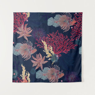 Watercolor painting seamless pattern with red lion tapestry