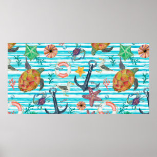 Watercolor painting seamless pattern with turtles, poster